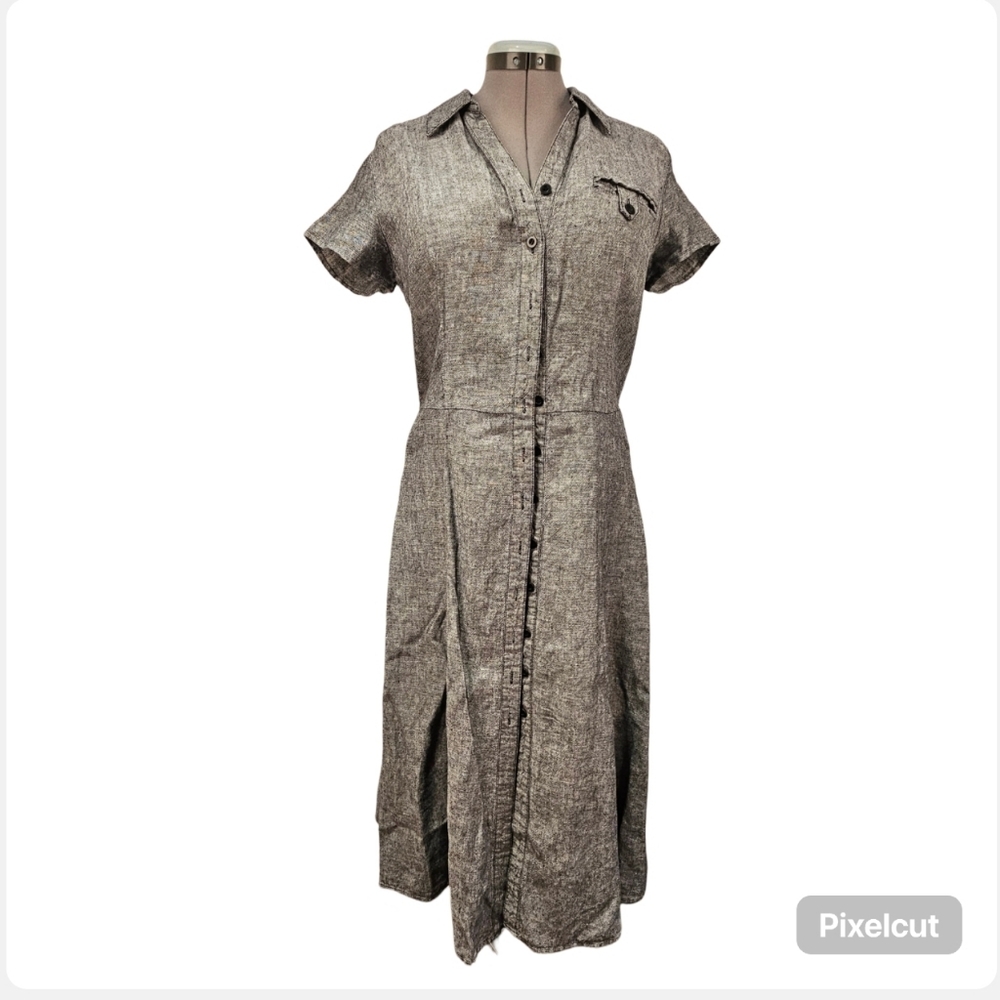 JM Collection grey linen button down short sleeve midi a-line shirt dress 10 US